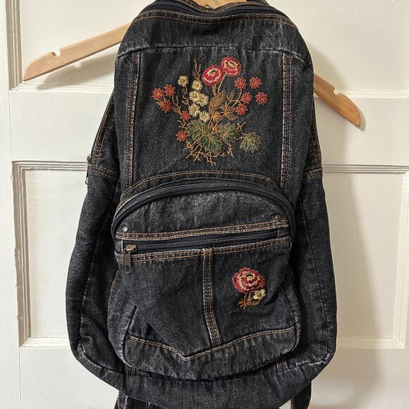 1990's Black Acid Wash Floral Embroidered Back Pack - Picture 1 of 7